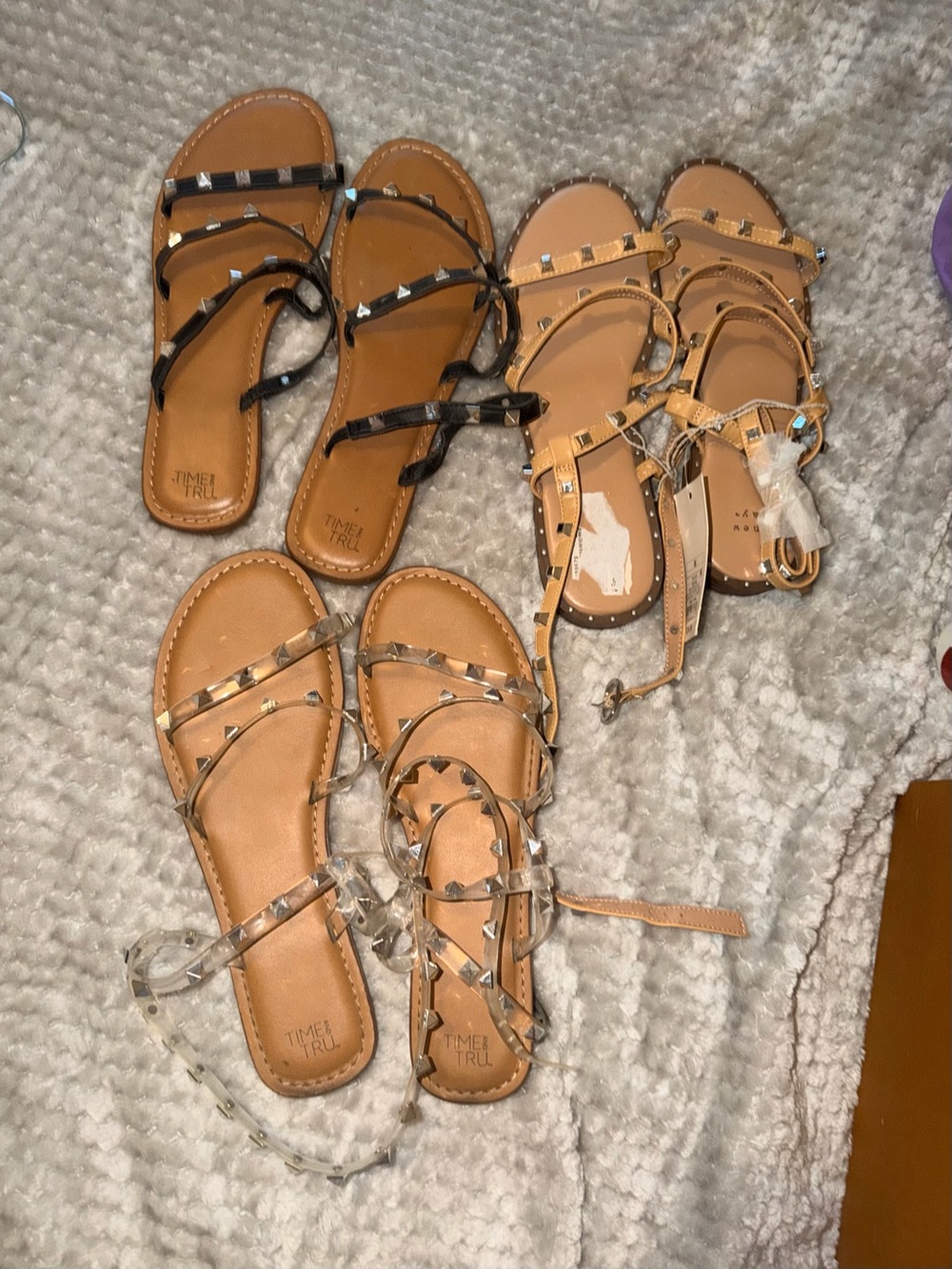 Time and Tru Studded Strappy Sandals - Tan and Black 3 pair bundle